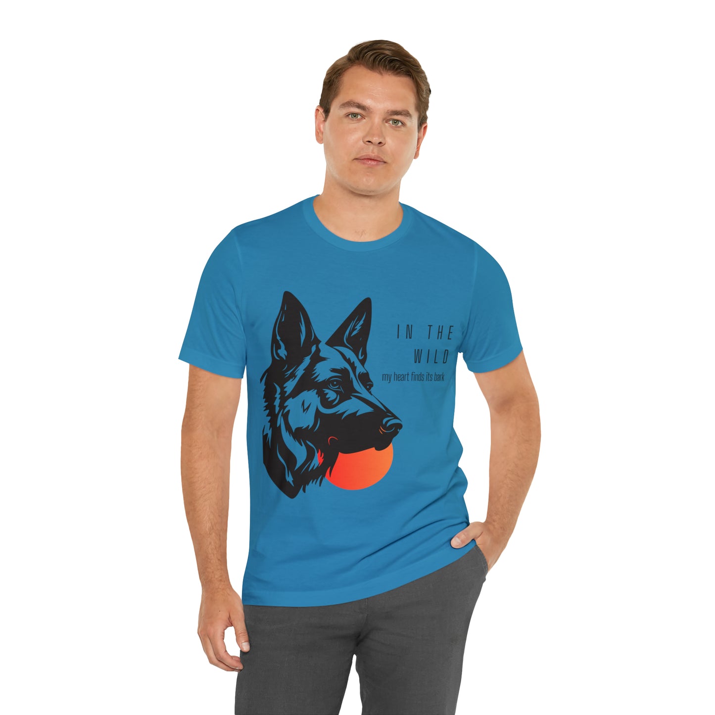 men's hiking with dog shirt moon blue