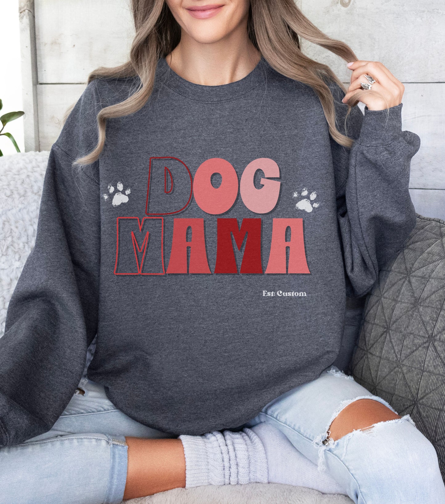 personalized Dog Mama Sweatshirt with custom dates for Australian Shepherd mom