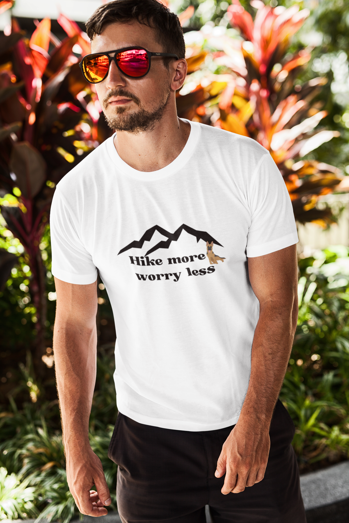 men's white hiking with dog shirt motivational